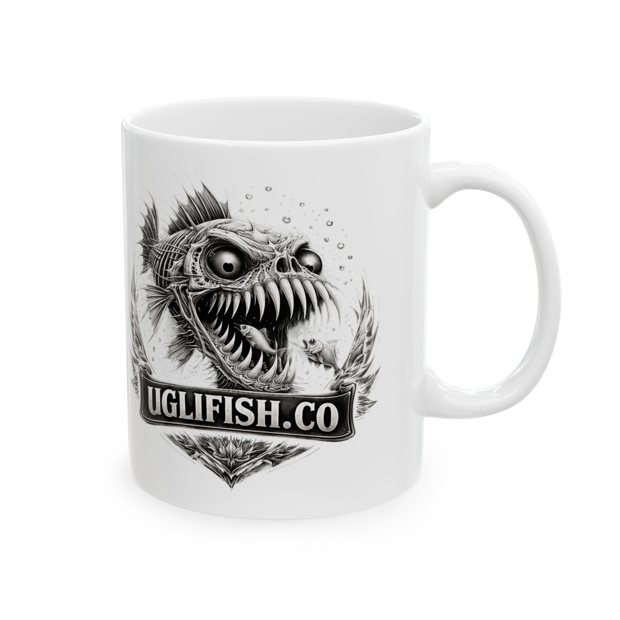 Vintage Fish Emblem  Official uglifish.co Logo Ceramic Coffee Cup (11oz/15oz)