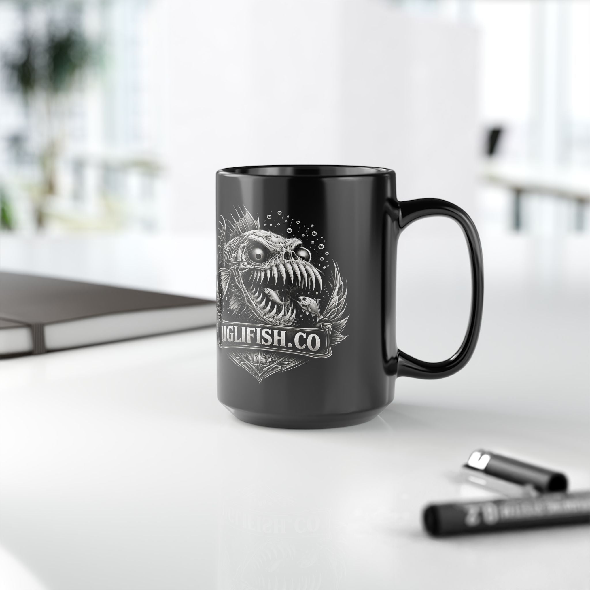 Official uglifish.co Logo 15oz Black Mug — Uglifish Co. Angler Graphic Coffee Cup