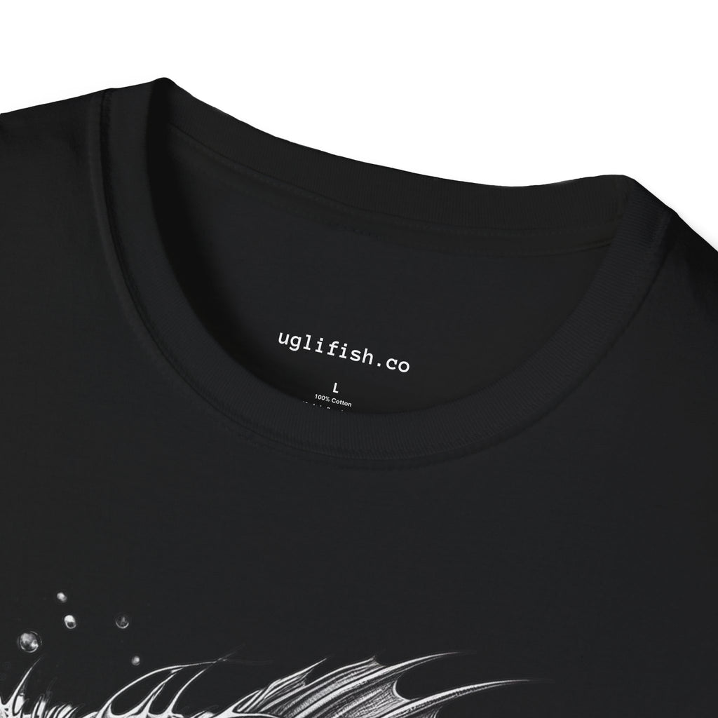 Skeleton Fish Bold Graphic T-Shirt — Monochrome Deep Sea Fish Tee with 'uglifish.co' Logo