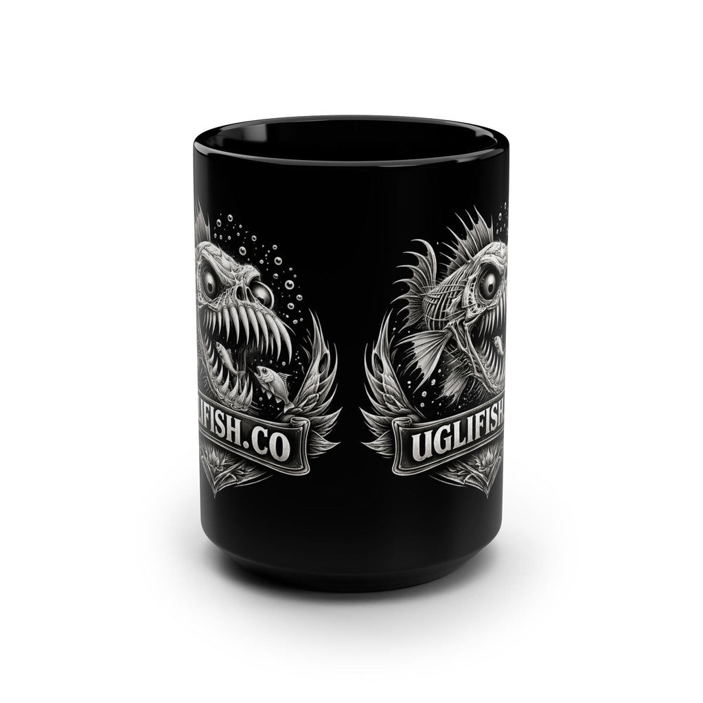 Official uglifish.co Logo 15oz Black Mug — Uglifish Co. Angler Graphic Coffee Cup