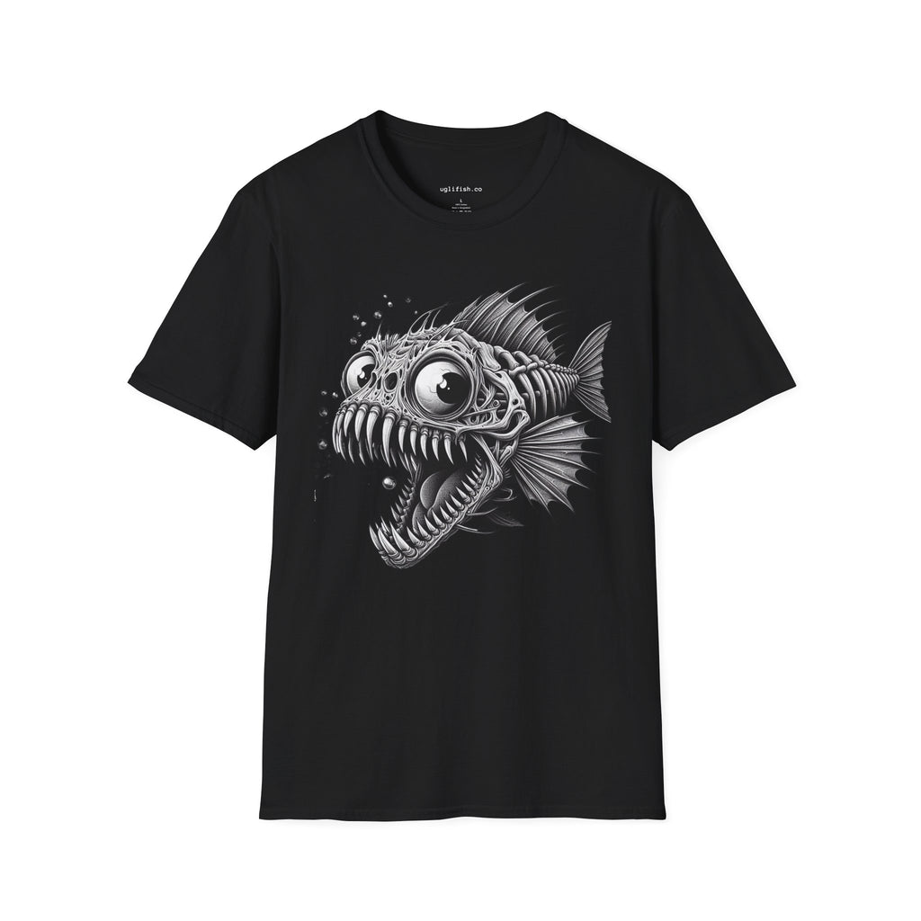 Skeleton Fish Bold Graphic T-Shirt — Monochrome Deep Sea Fish Tee with 'uglifish.co' Logo