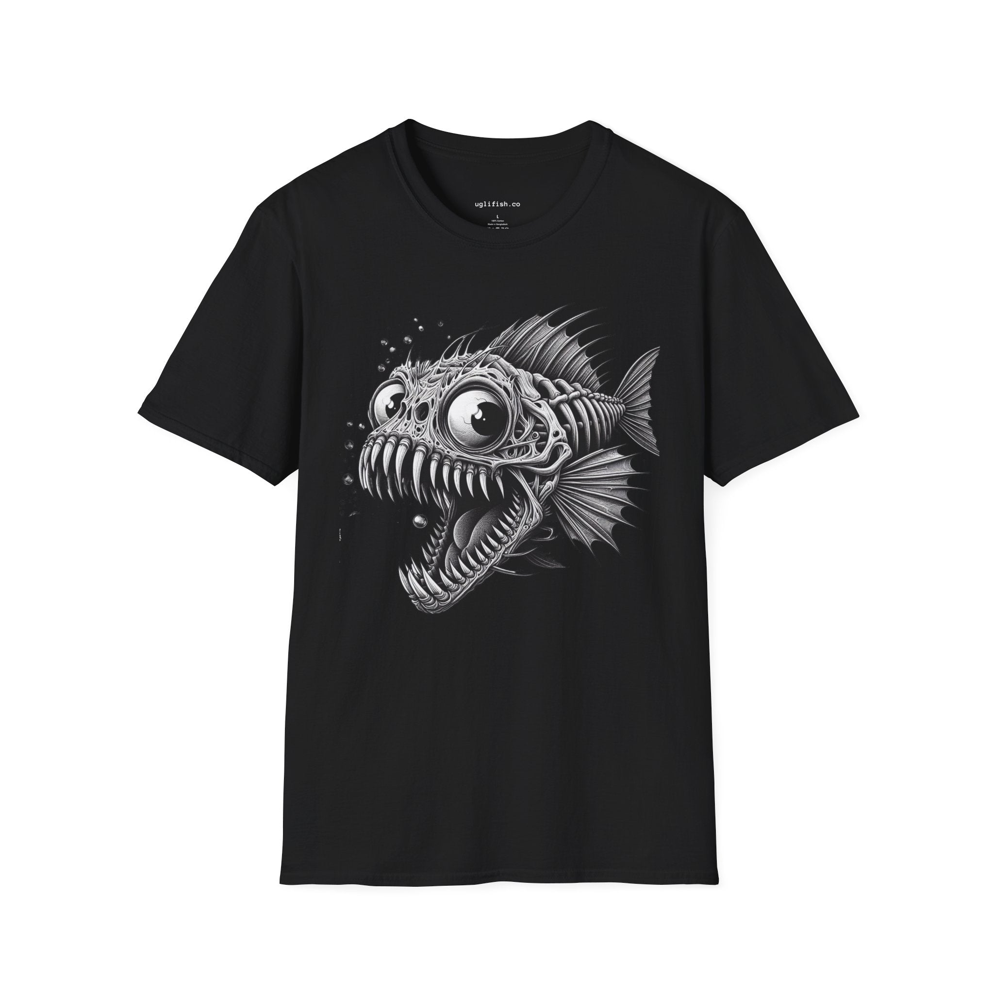 Skeleton Fish Bold Graphic T-Shirt — Monochrome Deep Sea Fish Tee with 'uglifish.co' Logo