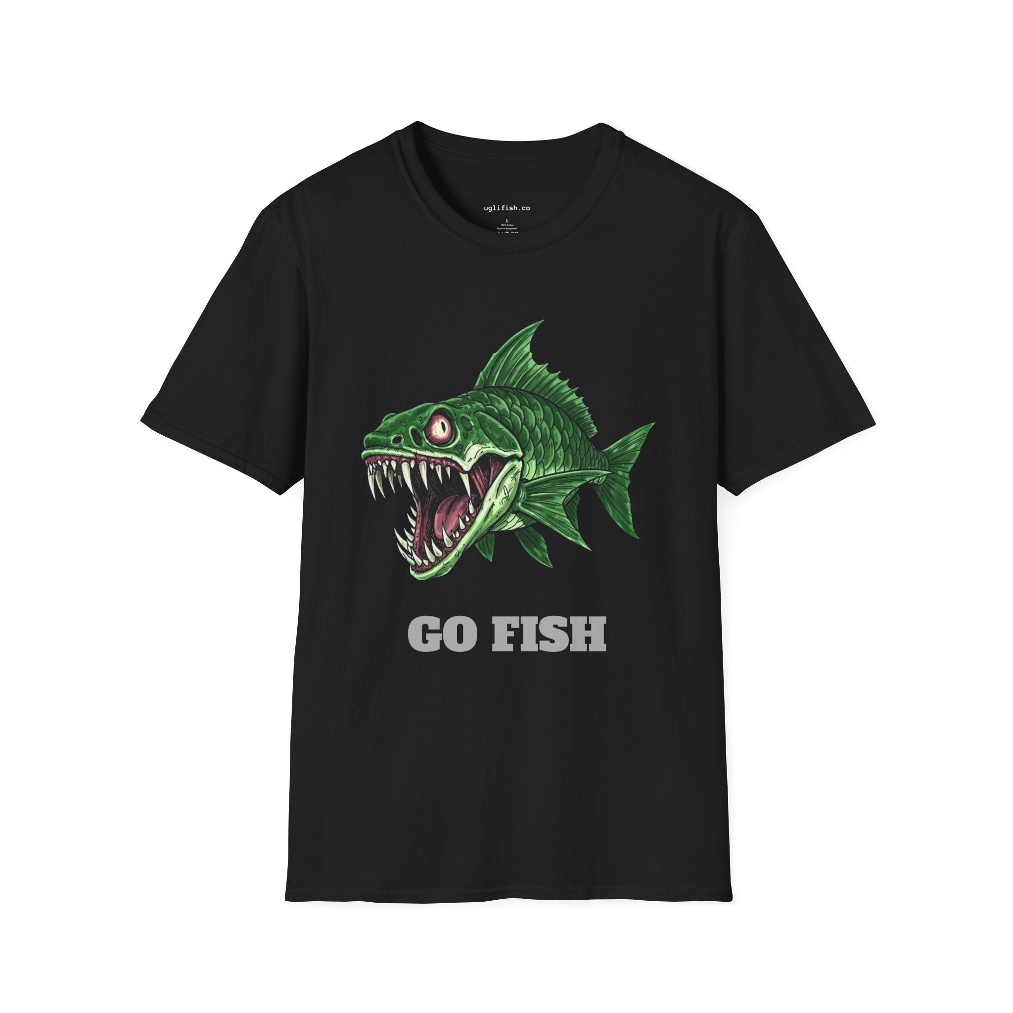 'Go Fish' Green Piranha Graphic T-Shirt, Angler Gift, Fish Lovers, Edgy Streetwear