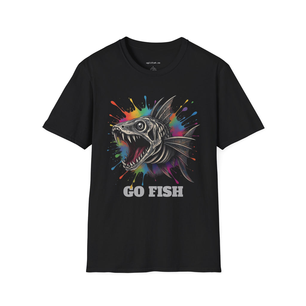 Skeleton Fish Color Splash T-Shirt — 'Go Fish' Graphic Tee for Anglers & Edgy Beach Style