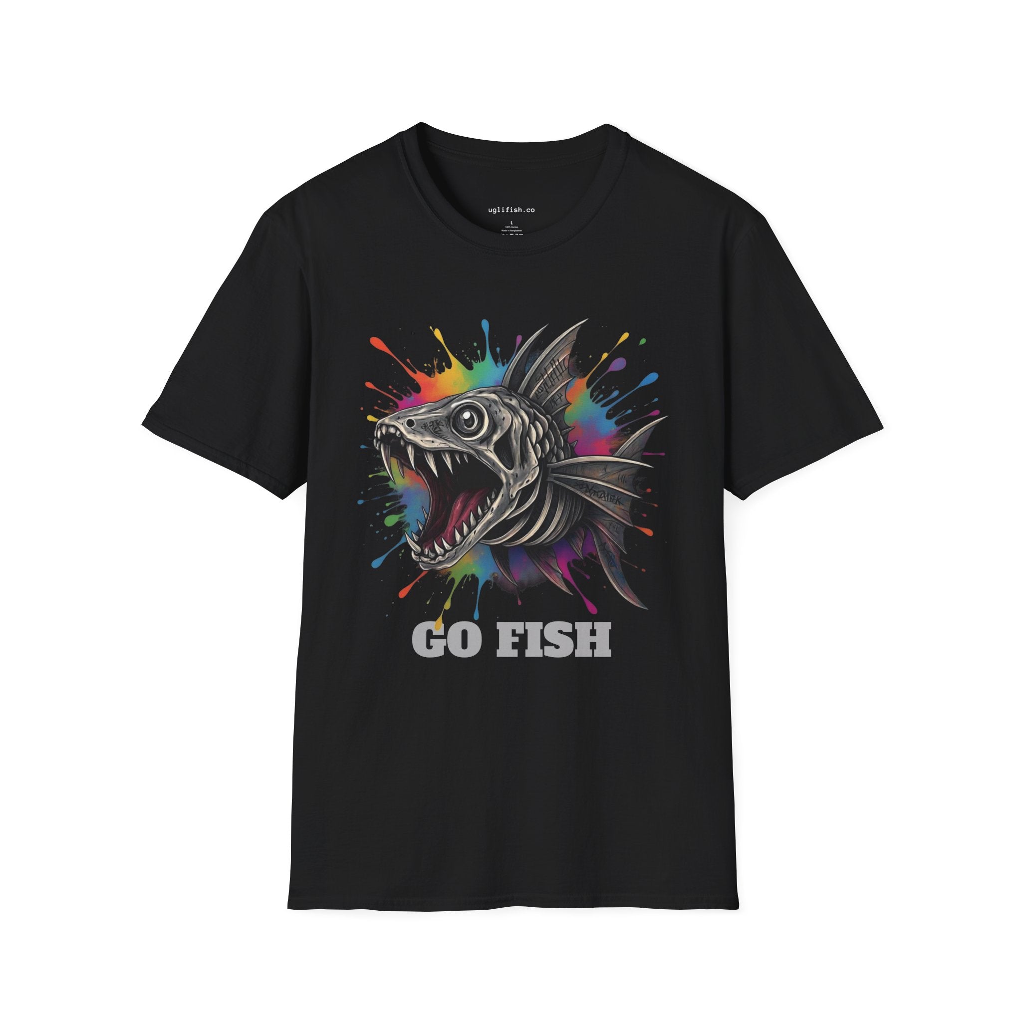 Skeleton Fish Color Splash T-Shirt — 'Go Fish' Graphic Tee for Anglers & Edgy Beach Style