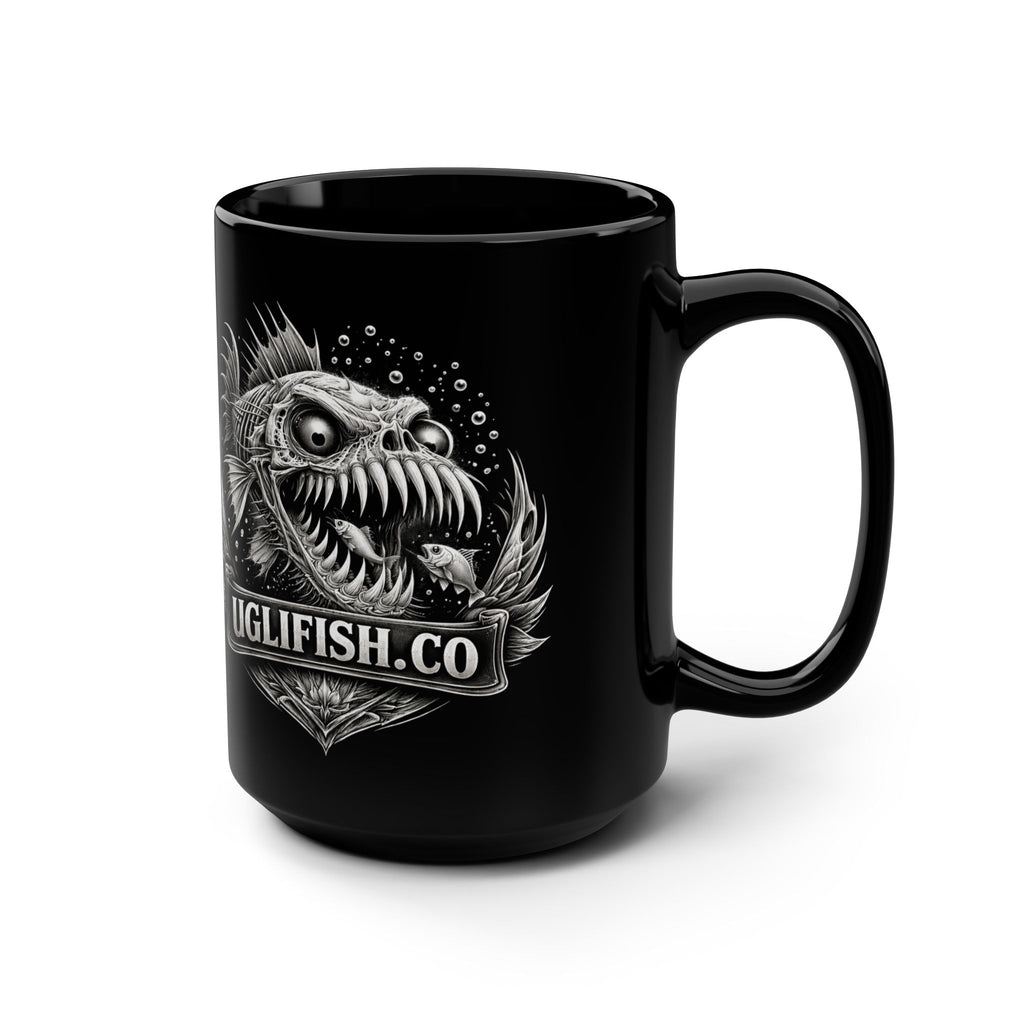 Official uglifish.co Logo 15oz Black Mug — Uglifish Co. Angler Graphic Coffee Cup
