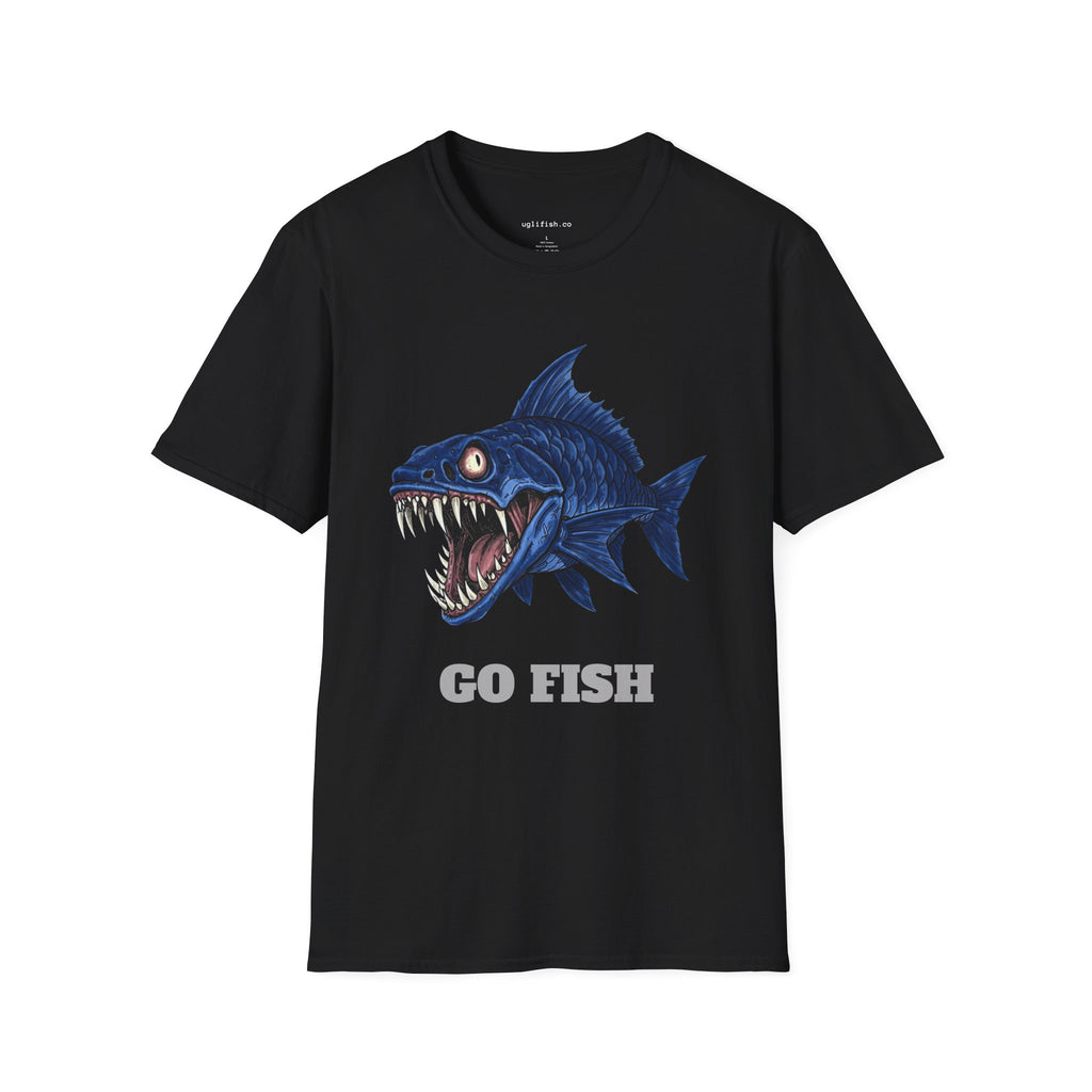 'Go Fish' Blue Piranha Graphic T-Shirt, Angler Gift, Fish Lovers, Edgy Streetwear
