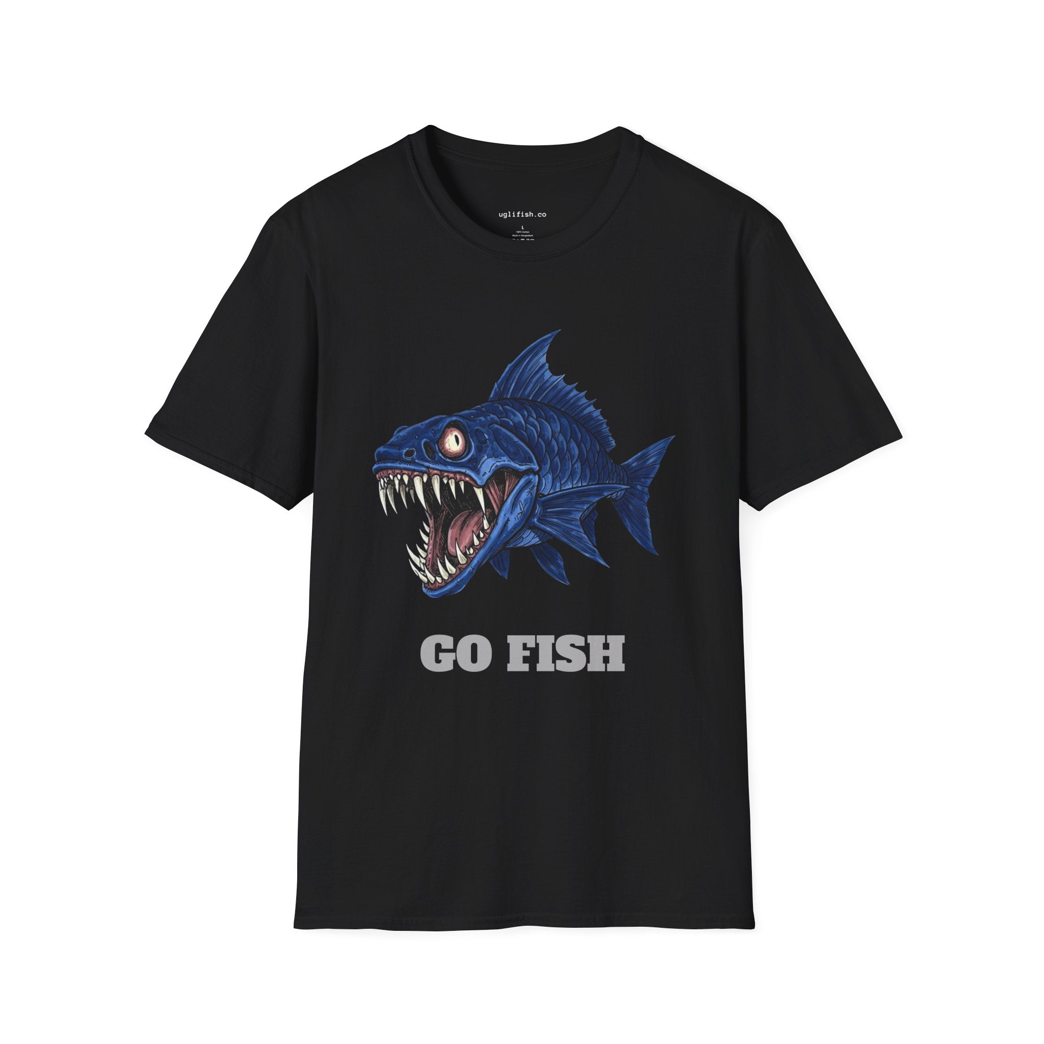 'Go Fish' Blue Piranha Graphic T-Shirt, Angler Gift, Fish Lovers, Edgy Streetwear