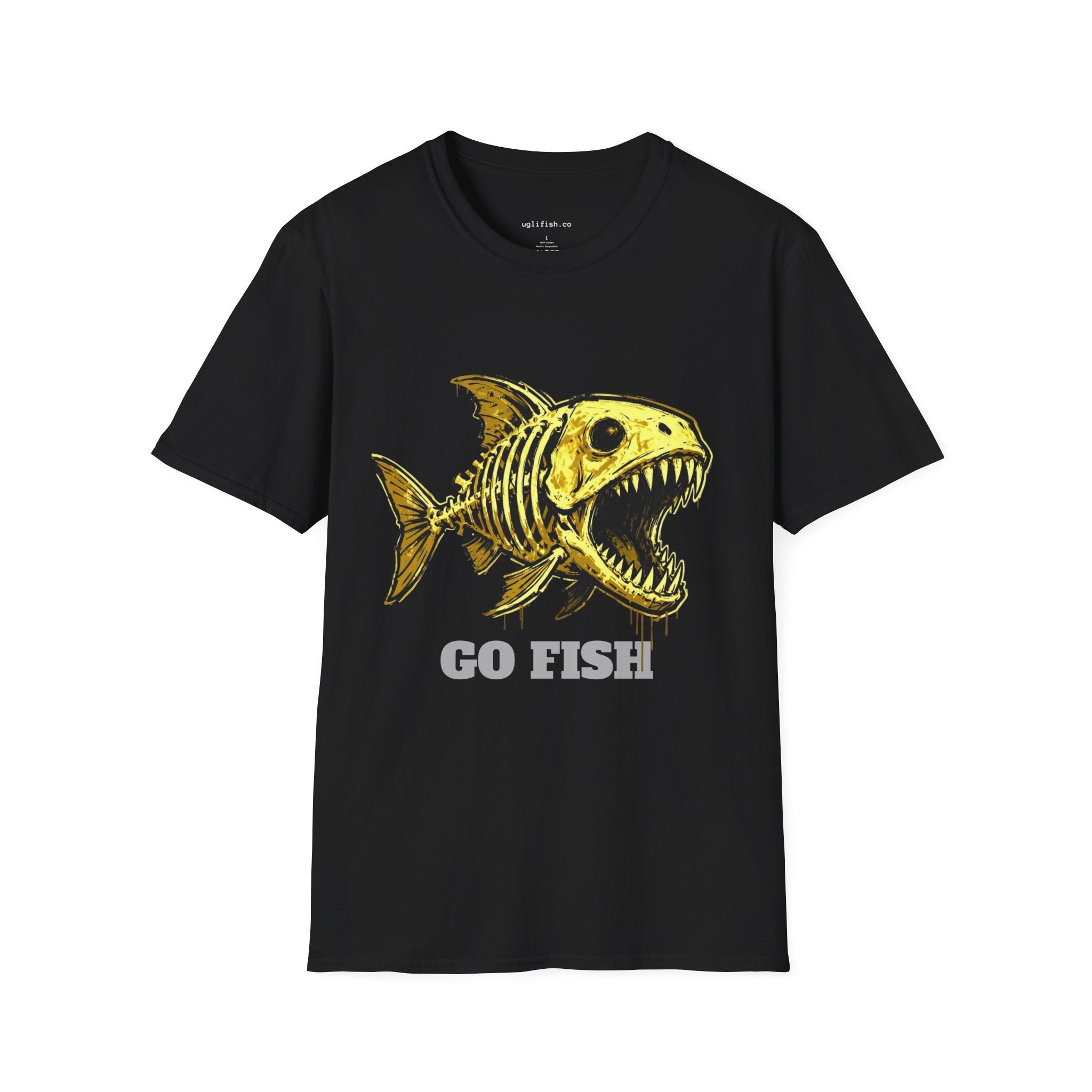 Go Fish T-Shirt — Yellow Skeletal Fish Graphic Tee