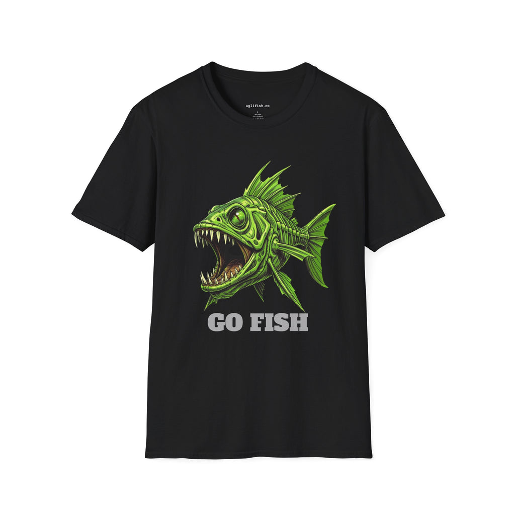 Go Fish T-Shirt — Mean Green Skeletal Fish Graphic Tee