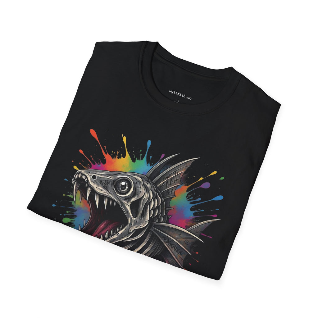 Skeleton Fish Color Splash T-Shirt — 'Go Fish' Graphic Tee for Anglers & Edgy Beach Style
