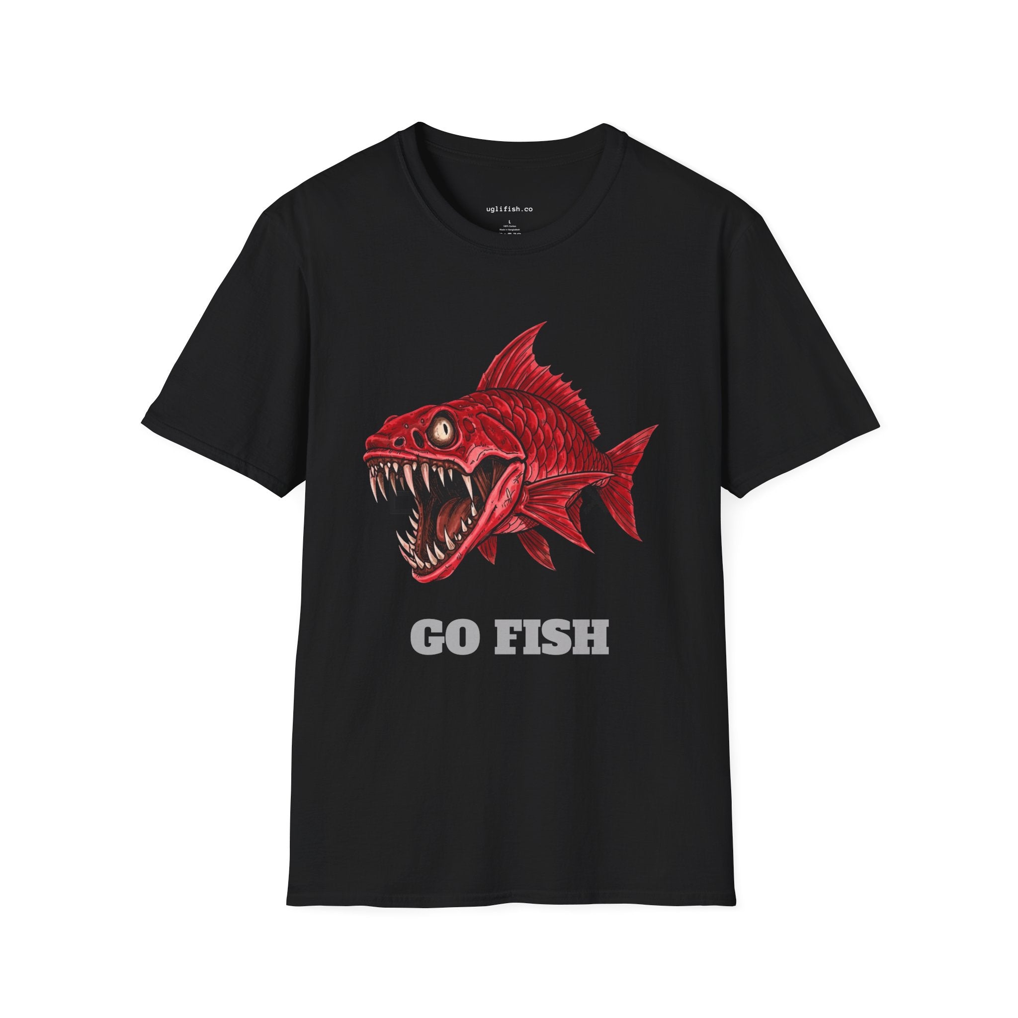 'Go Fish' Red Piranha Graphic T-Shirt, Angler Gift, Fish Lovers, Edgy Streetwear