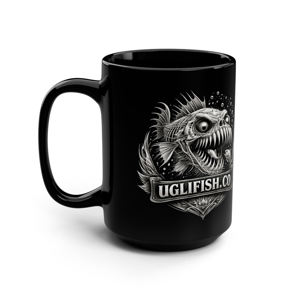 Official uglifish.co Logo 15oz Black Mug — Uglifish Co. Angler Graphic Coffee Cup