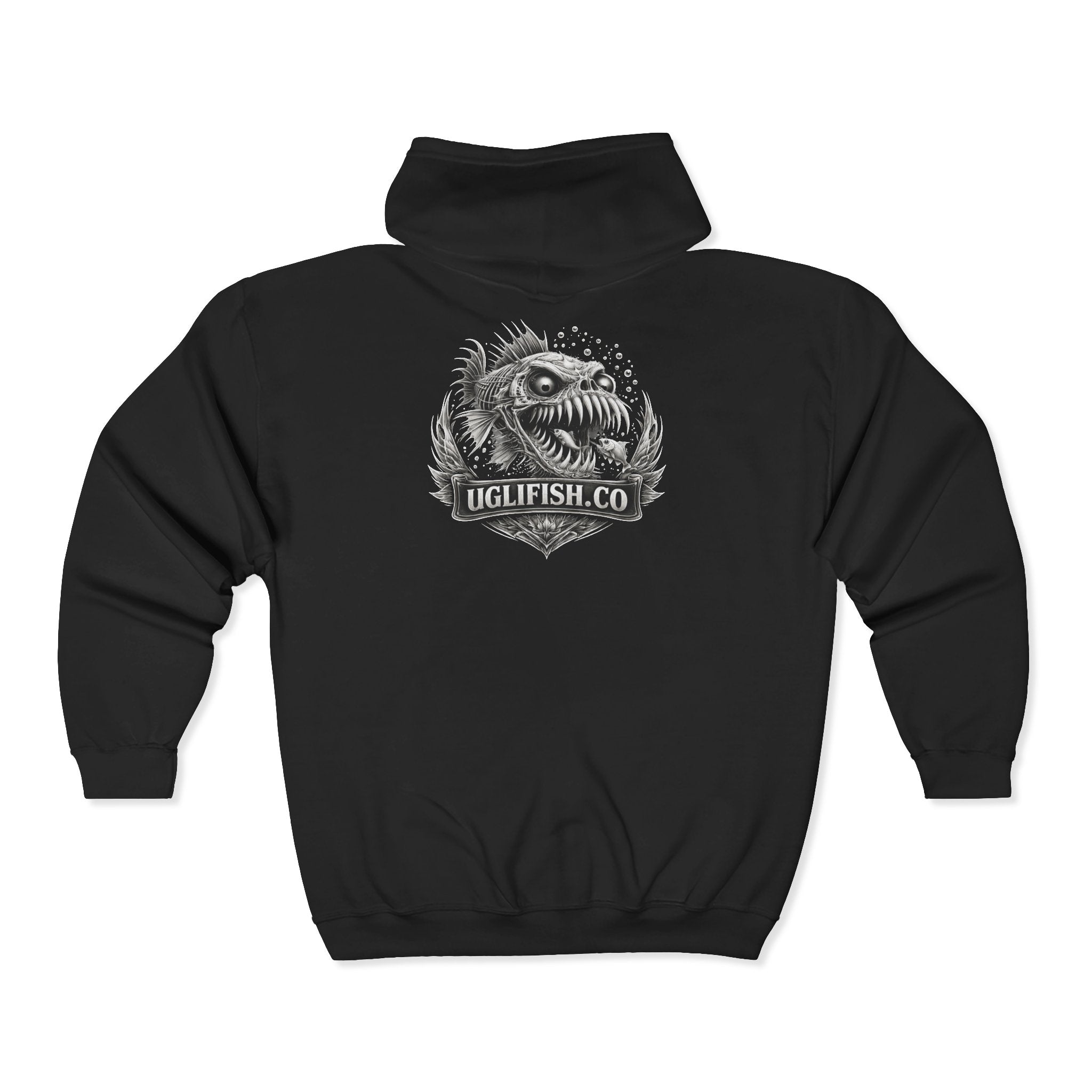 Official Uglifish Co Emblem v1 Unisex Zip Hoodie, Dark Mythical Monster Sweatshirt, Graphic Jacket for Casual Wear, Unique Gift for Fans, Halloween Style