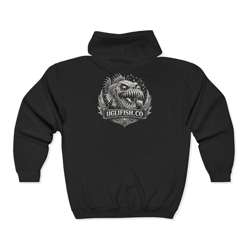Official Uglifish Co Emblem v1 Unisex Zip Hoodie, Dark Mythical Monster Sweatshirt, Graphic Jacket for Casual Wear, Unique Gift for Fans, Halloween Style