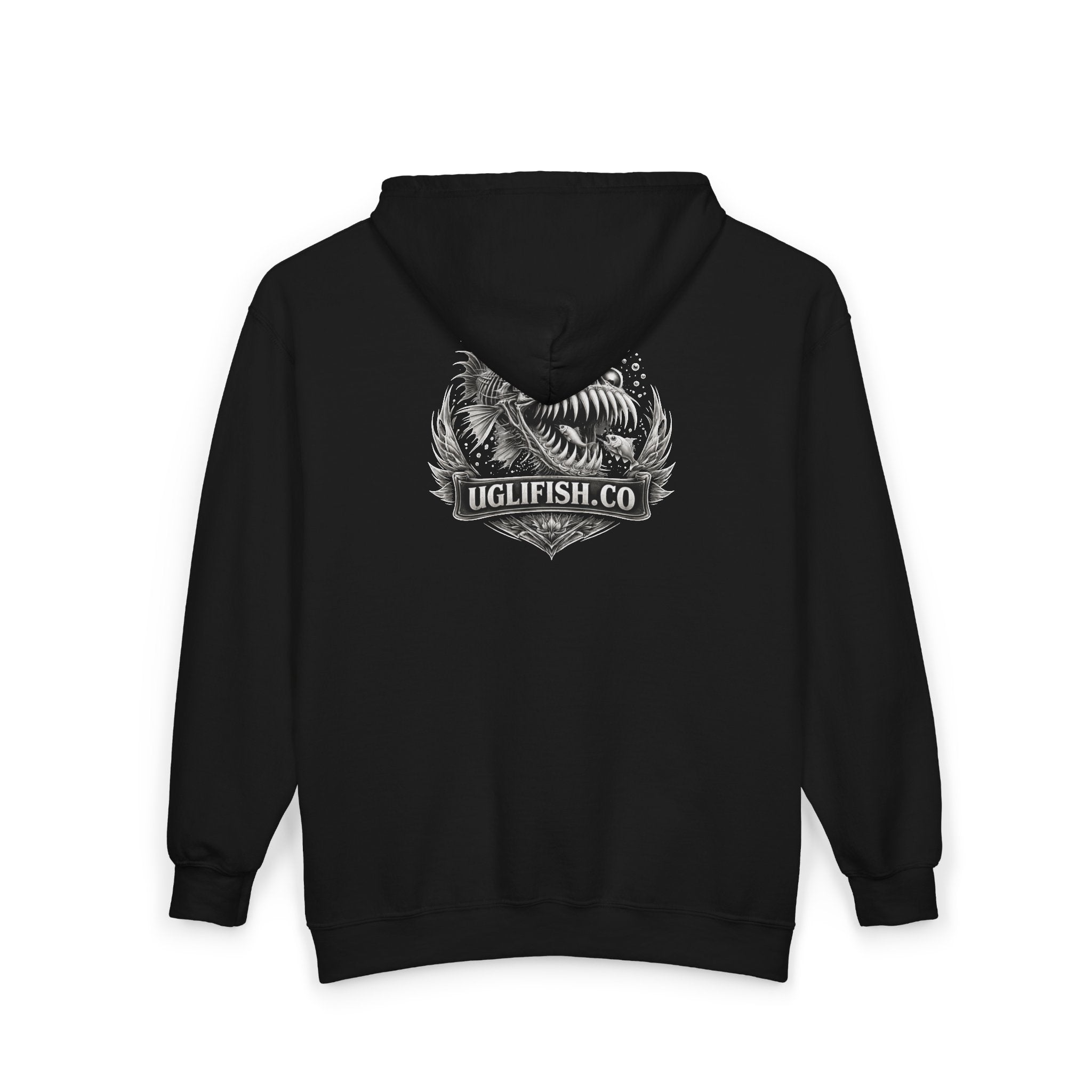 Official Uglifish Co Emblem v1 Unisex Zip Hoodie, Dark Mythical Monster Sweatshirt, Graphic Jacket for Casual Wear, Unique Gift for Fans, Halloween Style