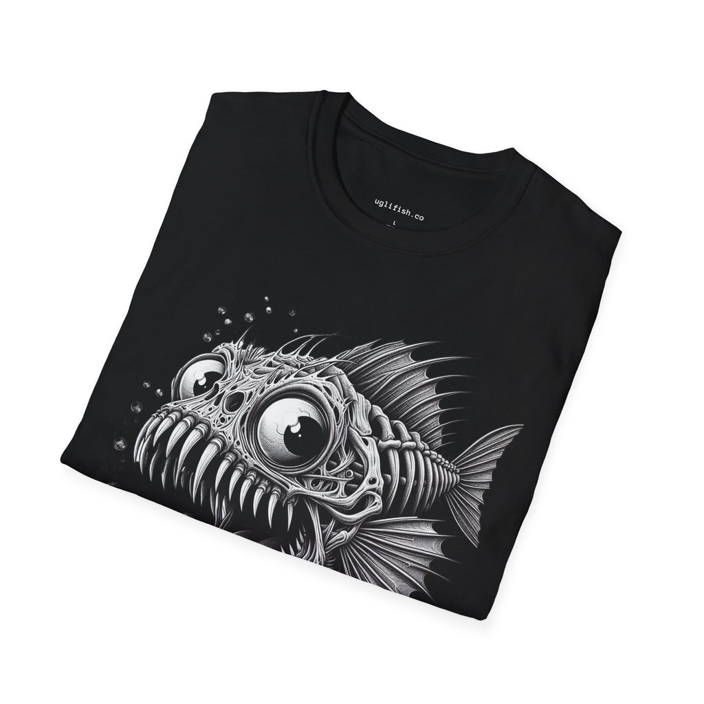 Skeleton Fish Bold Graphic T-Shirt — Monochrome Deep Sea Fish Tee with 'uglifish.co' Logo