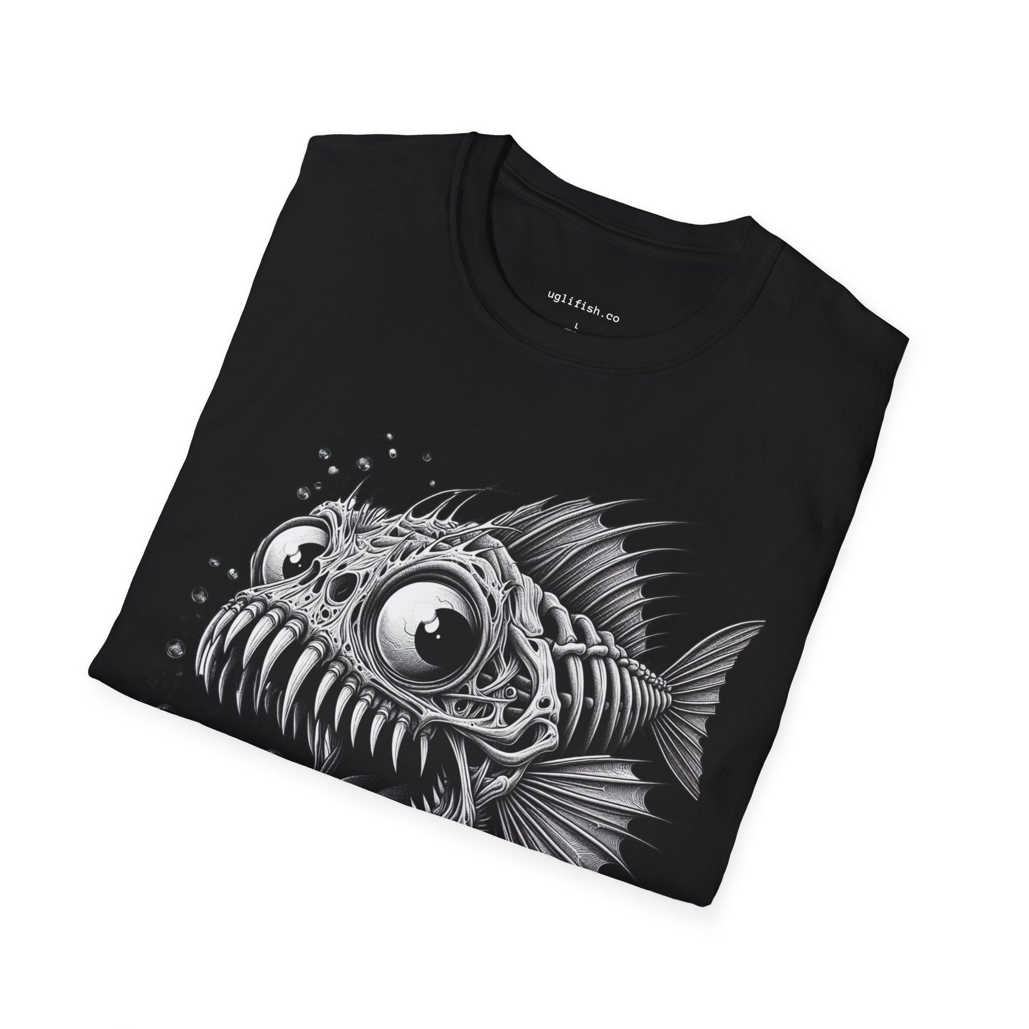 Skeleton Fish Bold Graphic T-Shirt — Monochrome Deep Sea Fish Tee with 'uglifish.co' Logo