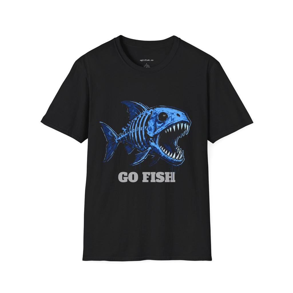 Go Fish T-Shirt — Blue Skeletal Fish Graphic Tee