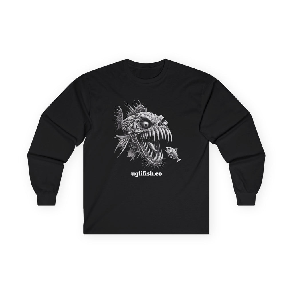 uglifish Design Anglerfish Illustration Long Sleeve Tee | Deep Sea Horror, Monochrome