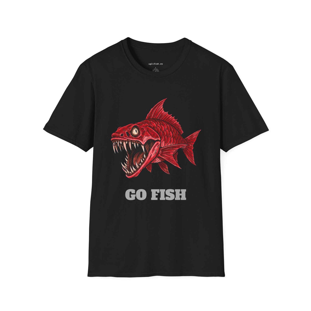 'Go Fish' Green Piranha Graphic T-Shirt, Angler Gift, Fish Lovers, Edgy Streetwear